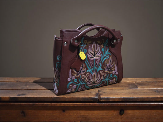 Women Leather Bag With Strap With Gorgeous Kashmiri Embroidery - Brown