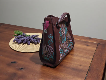 Women Leather Bag With Strap With Gorgeous Kashmiri Embroidery - Brown