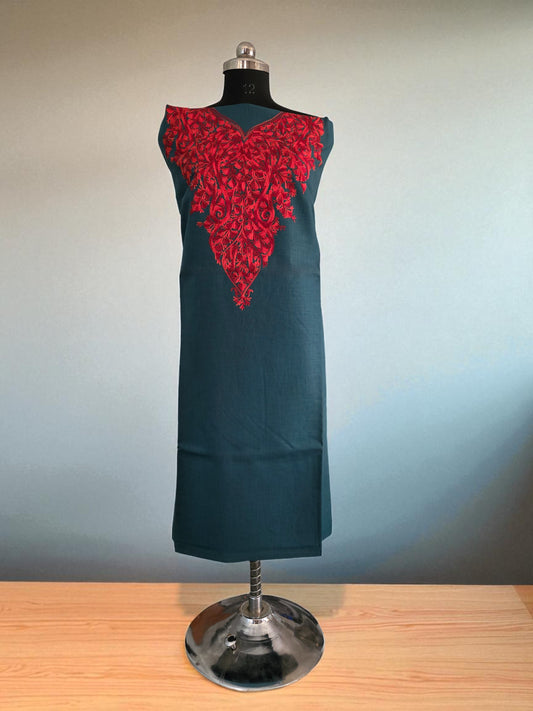 Women Cotton Suits with Kashmiri Embroidery Unstitched Dress Material-Green
