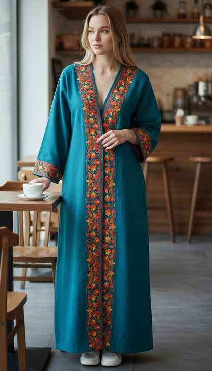 Women Woolen Nightgown Dressing Gown Maxi with Kashmiri Embroidery Free Size (Pure Wool, Turquoise)