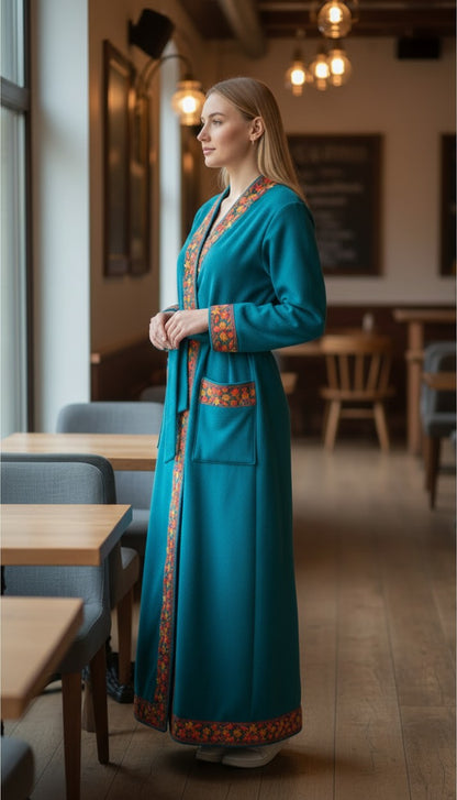 Women Woolen Nightgown Dressing Gown Maxi with Kashmiri Embroidery Free Size (Pure Wool, Turquoise)