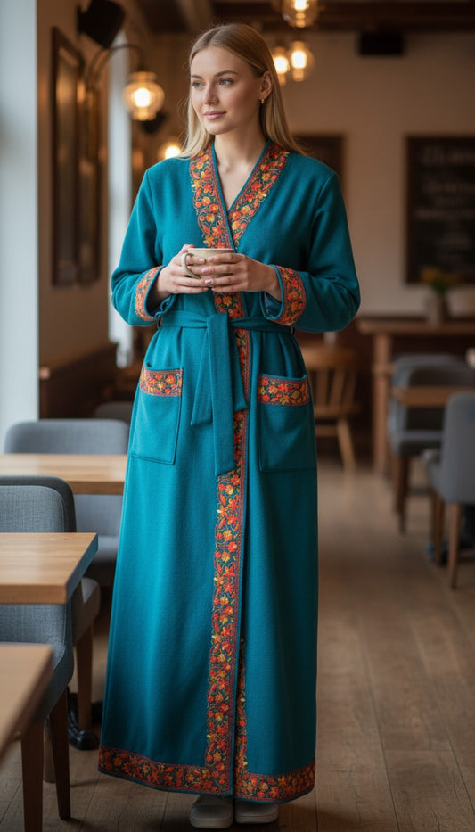 Women Woolen Nightgown Dressing Gown Maxi with Kashmiri Embroidery Free Size (Pure Wool, Turquoise)