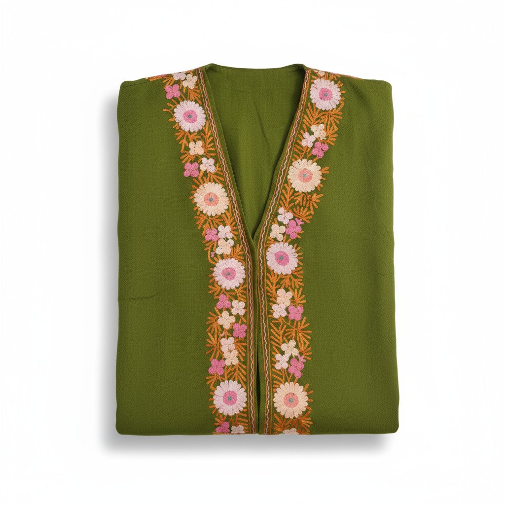 Women Woolen Nightgown Dressing Gown Maxi with Kashmiri Charming Embroidery Free Size (Wool Blend, Green-2)