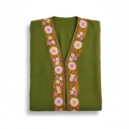 Women Woolen Nightgown Dressing Gown Maxi with Kashmiri Charming Embroidery Free Size (Wool Blend, Green-2)
