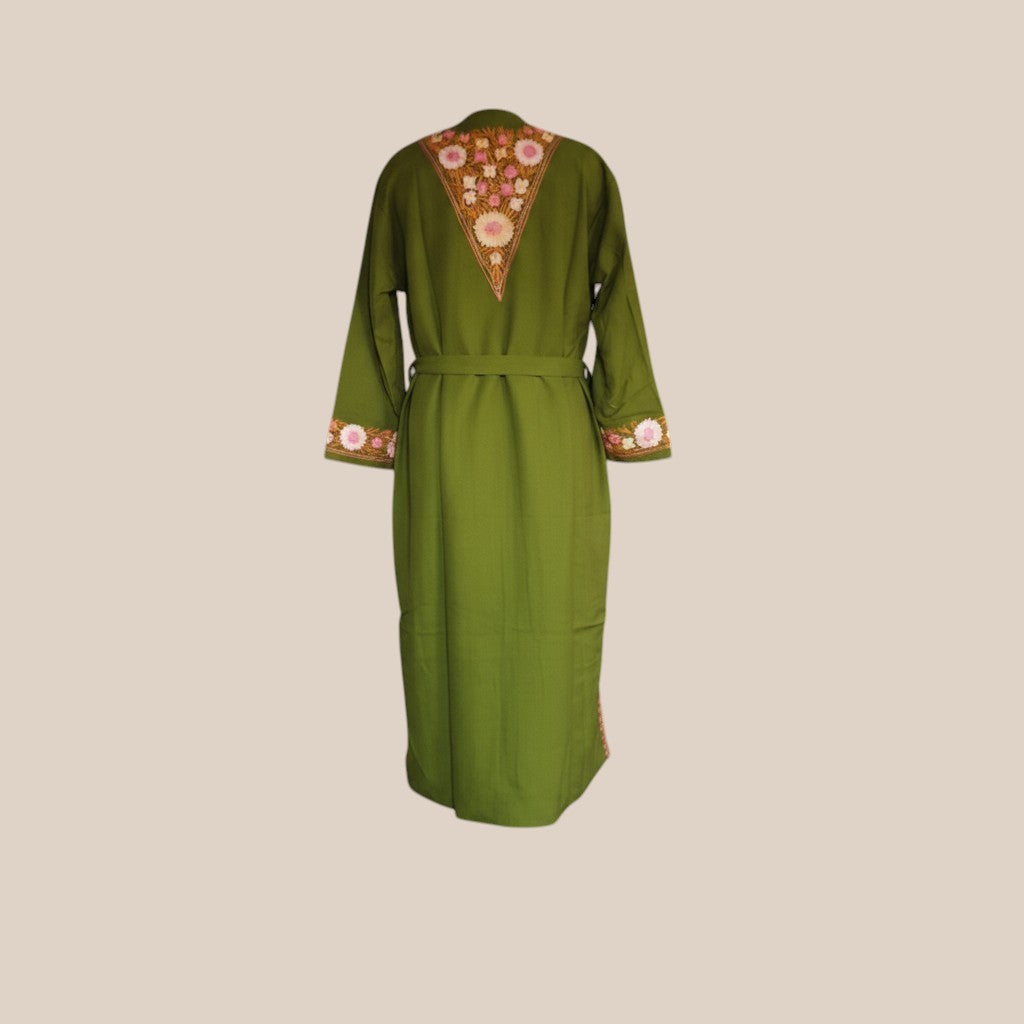 Women Woolen Nightgown Dressing Gown Maxi with Kashmiri Charming Embroidery Free Size (Wool Blend, Green-2)