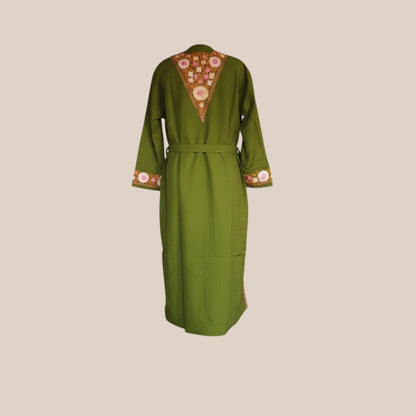 Women Woolen Nightgown Dressing Gown Maxi with Kashmiri Charming Embroidery Free Size (Wool Blend, Green-2)