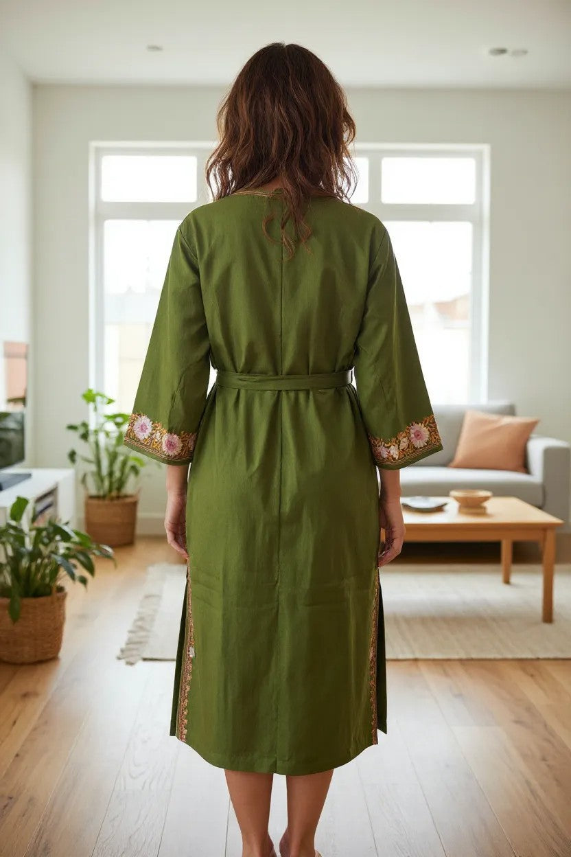 Women Woolen Nightgown Dressing Gown Maxi with Kashmiri Charming Embroidery Free Size (Wool Blend, Green-2)