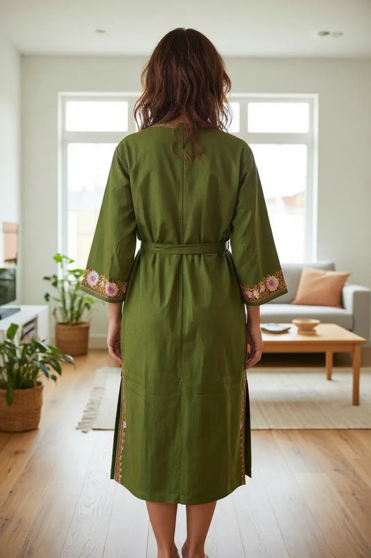 Women Woolen Nightgown Dressing Gown Maxi with Kashmiri Charming Embroidery Free Size (Wool Blend, Green-2)