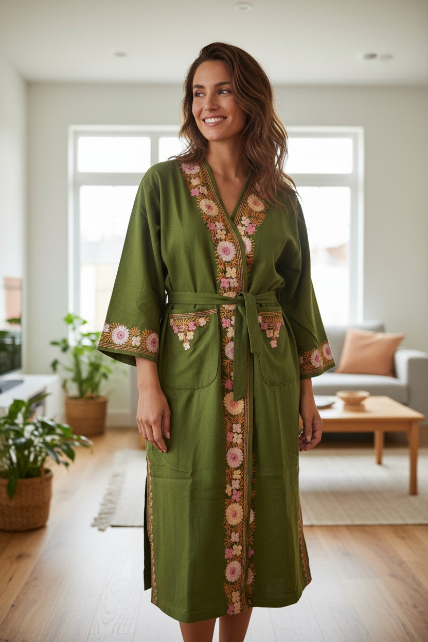 Women Woolen Nightgown Dressing Gown Maxi with Kashmiri Charming Embroidery Free Size (Wool Blend, Green-2)