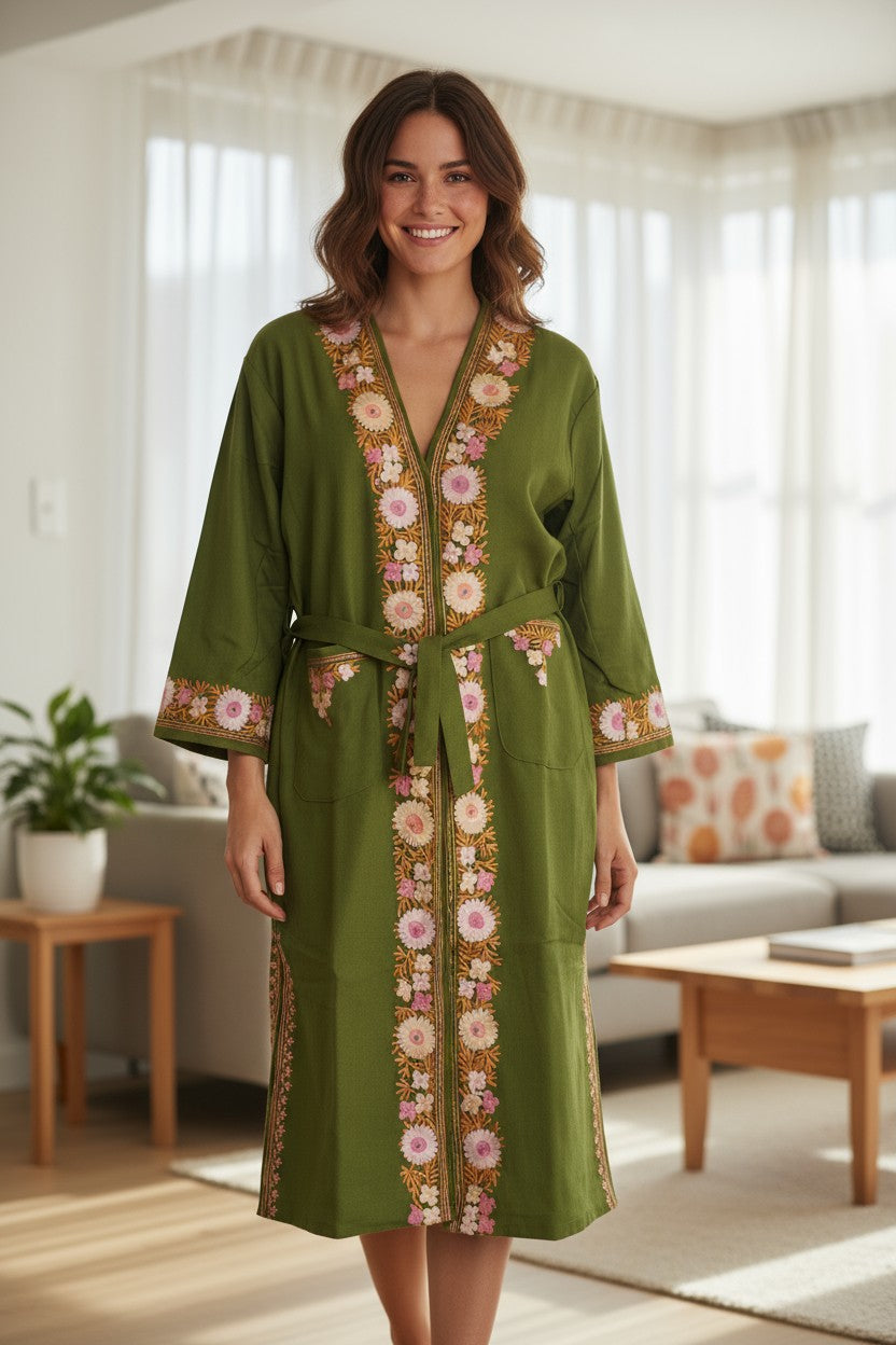 Women Woolen Nightgown Dressing Gown Maxi with Kashmiri Charming Embroidery Free Size (Wool Blend, Green-2)
