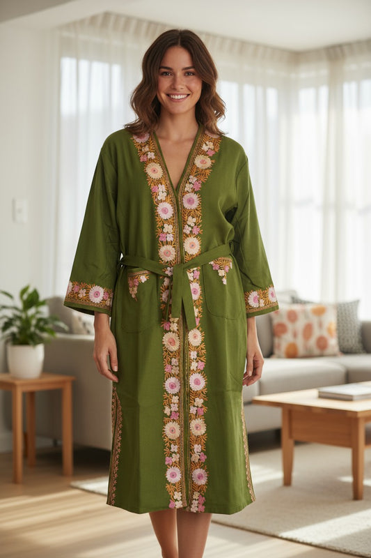 Women Woolen Nightgown Dressing Gown Maxi with Kashmiri Charming Embroidery Free Size (Wool Blend, Green-2)