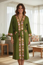 Women Woolen Nightgown Dressing Gown Maxi with Kashmiri Charming Embroidery Free Size (Wool Blend, Green-2)